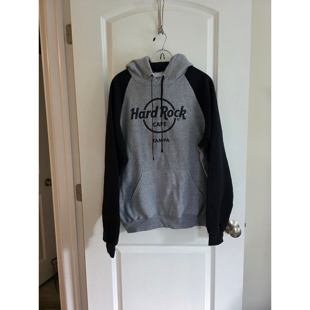 Hard Rock Cafe Tampa Raglan Gray Black Colorblock Hoodie Bikercore NWOT